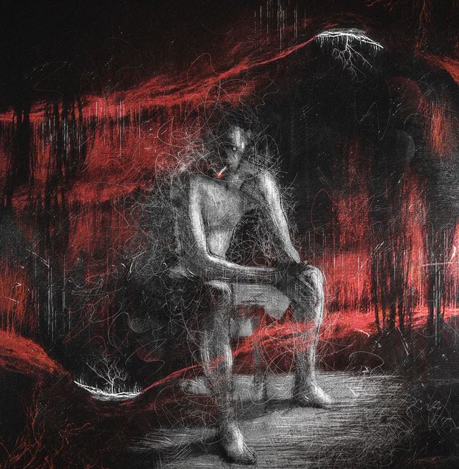 A dark, abstract painting of a pale seated figure surrounded by frantic white scribbles against a red and black background.