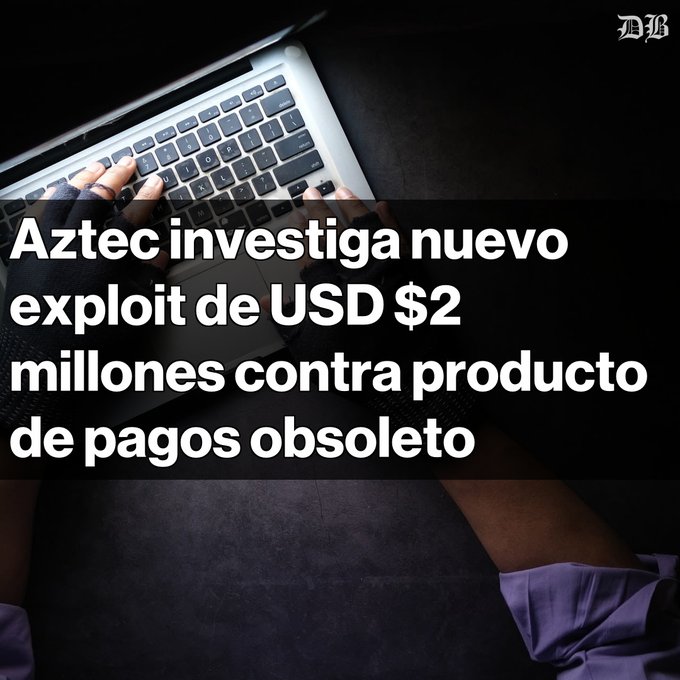 The image shows an open laptop computer on a table with someone typing on the keyboard inside the device. The laptop screen displays the text "AZtec investigatea nuevo exploit de usd $2 millones contra producto de pagos obsoleto". It appears that there has been some kind of unauthorized activity, possibly involving stolen cryptocurrency or an attempted cyber attack. This incident can be seen as a cautionary tale and highlights the importance of securing digital assets against potential threats.