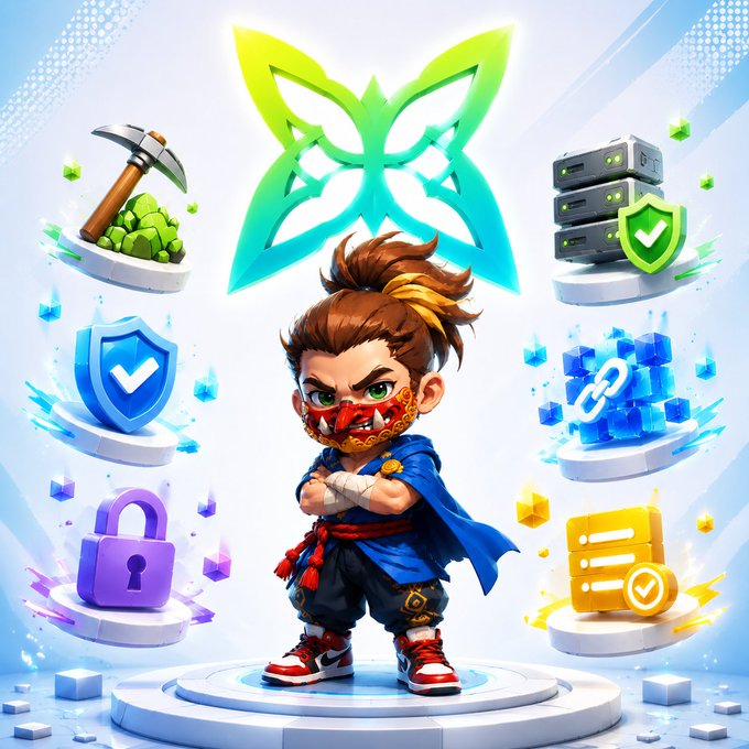 A 3D cartoon character stands with crossed arms wearing a red face mask and blue outfit, surrounded by floating icons including a pickaxe, shield, server, and lock.