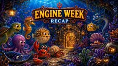 A colorful underwater scene with various sea creatures and the text 'ENGINE WEEK RECAP' displayed in a banner at the top.