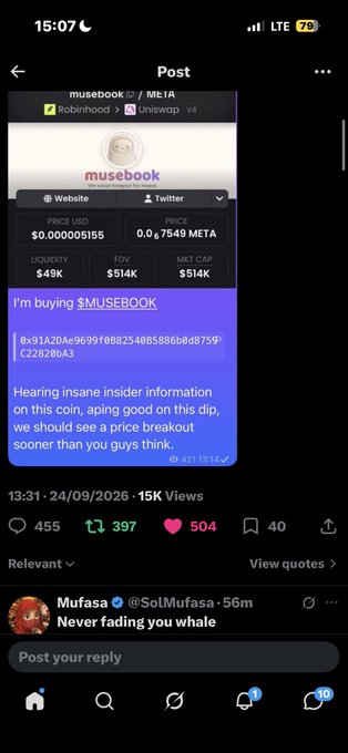 A screenshot of a Twitter/X post on the @coinbaseapp promoting the purchase of the $MUSEBOOK token, claiming insider information about a price breakout.