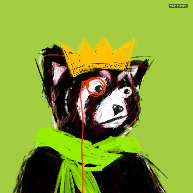 An expressive painted portrait of a red panda wearing a yellow crown and a green scarf against a bright green background, with the label 'RED PANDA' in the corner.