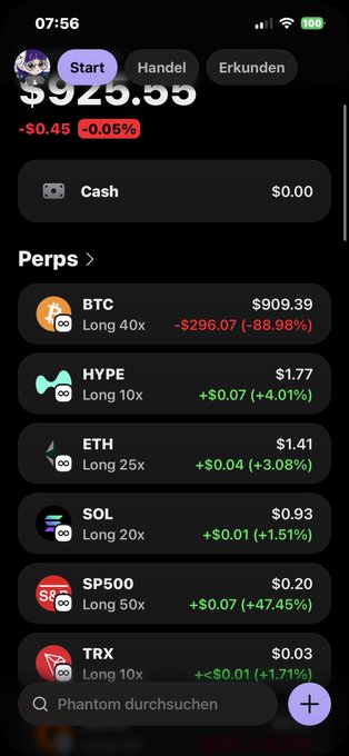 The image shows a smartphone screen with several text options, including "Start", "Handel", "Erkunden", and "Perps" along with various cryptocurrency names such as Bitcoin and Ethereum. The phrase "Meine wallet steigt wieder Justin Sun kauft Bitcoins" suggests the presence of an online wallet for Bitcoin transactions. Additionally, there is a description in German about "Long 10x", which may refer to a specific type or feature related to the cryptocurrencies on display.