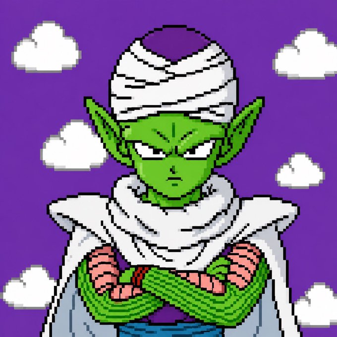 Pixel art of the Dragon Ball character Piccolo with his arms crossed, set against a purple sky with white clouds.