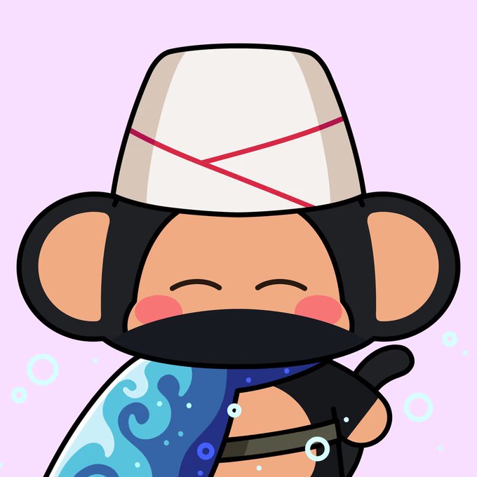 A cute cartoon monkey character wearing a tall white hat with red crisscross patterns and a blue patterned garment smiles with closed eyes and blushing cheeks on a pink background.