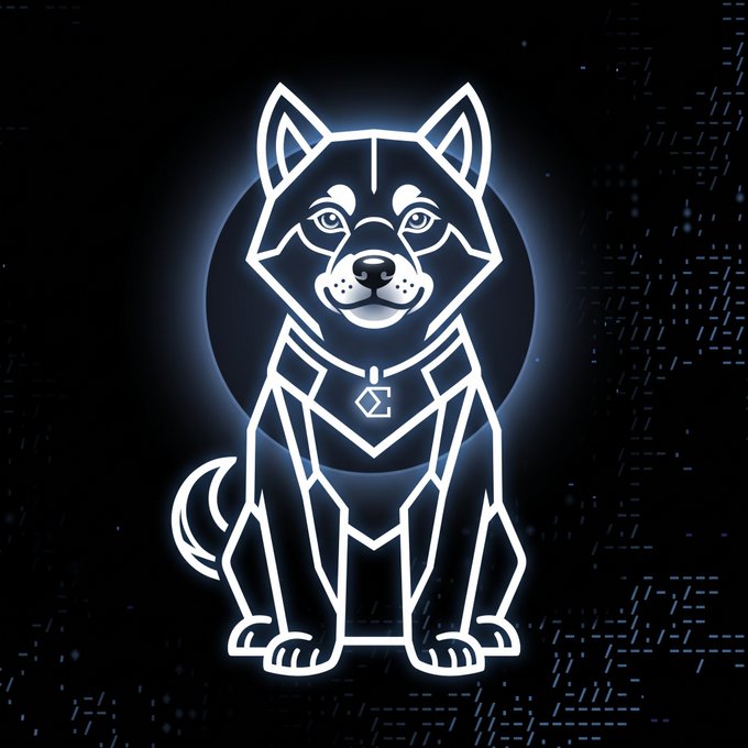 A neon-style digital illustration of a geometric dog wearing a collar with a tag, set against a dark background with a glowing blue circular halo.
