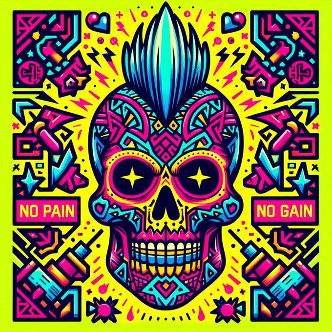 A vibrant neon-colored graphic illustration of a decorative sugar skull with a mohawk, barbell motifs, and star eyes on a yellow background, with text banners reading 'NO PAIN' and 'NO GAIN'.