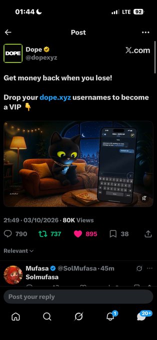 A screenshot of a post on X (formerly Twitter) from "Dope @dopexyz" promoting "dope.xyz" with the text "Get money back when you lose! Drop your dope.xyz usernames to become a VIP".