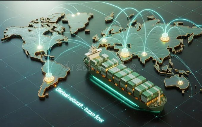 A 3D rendering of a container ship sailing across a world map with glowing connection lines linking various global locations, illustrating a "Global network" concept.