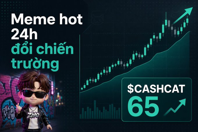 A promotional crypto graphic titled "Meme hot 24h đổi chiến trường" features a cartoon avatar in sunglasses against a graffiti backdrop, alongside a green candlestick chart showing upward momentum and highlighting the ticker **$CASHCAT** at a **65** market cap with an upward arrow, illustrating the meme token's continued strength as trading activity shifts to the Robinhood Chain.