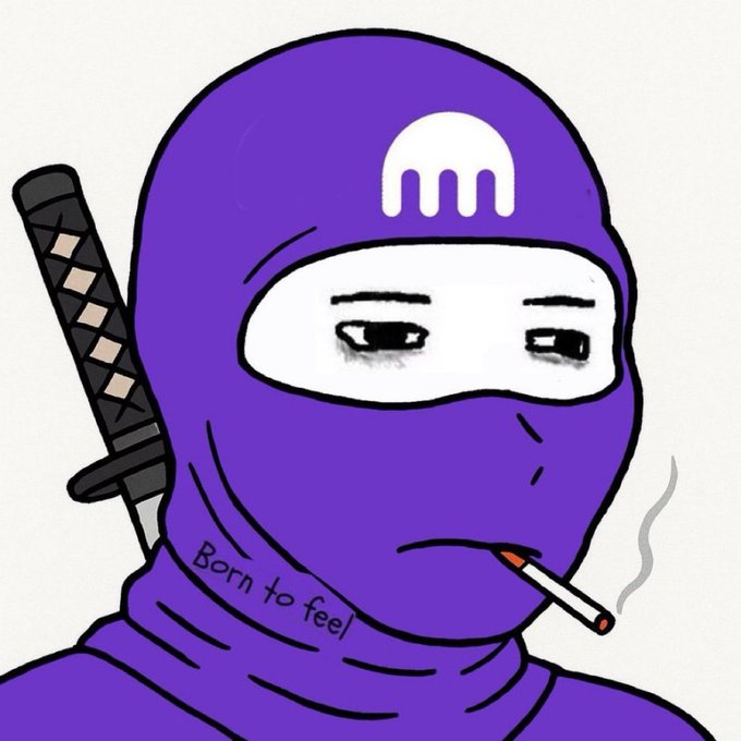 A purple ninja character smoking a cigarette with a sword on its back, featuring a "Born to feel" tattoo and the Mana symbol on its hood.