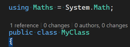 A code snippet screenshot shows 'using Maths = System.Math;' with references 'public class MyClass' on a dark background.