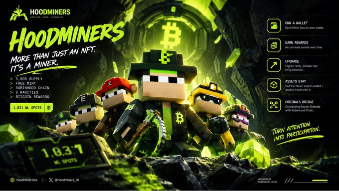 A promotional banner for 'HOODMINERS' featuring blocky, Minecraft-style miner characters, advertising 'MORE THAN JUST AN NFT. IT'S A MINER' with 5,000 supply, free mint, and Roblox chain rewards.