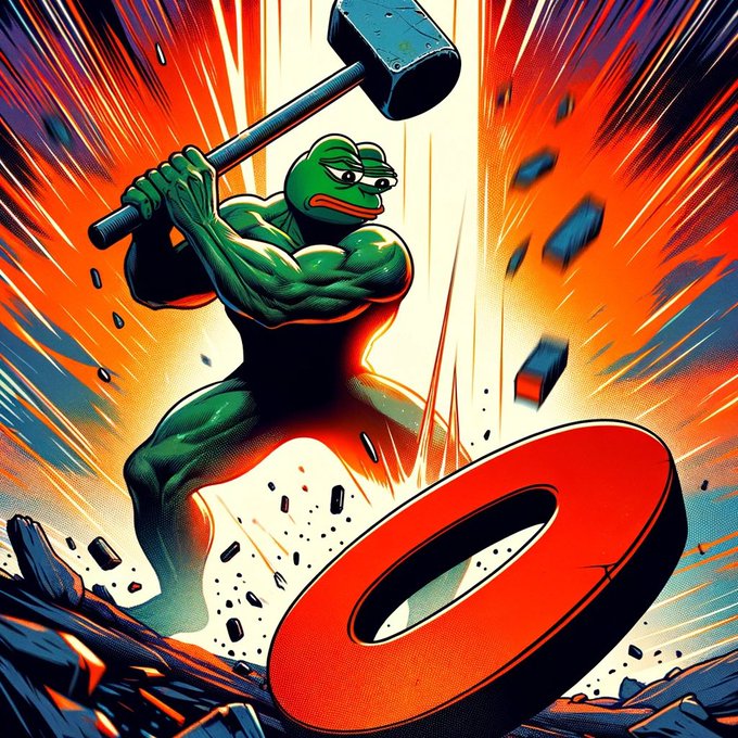 A comic-style illustration of a muscular green Pepe frog wielding a giant hammer over a red circular emblem, with debris flying around.