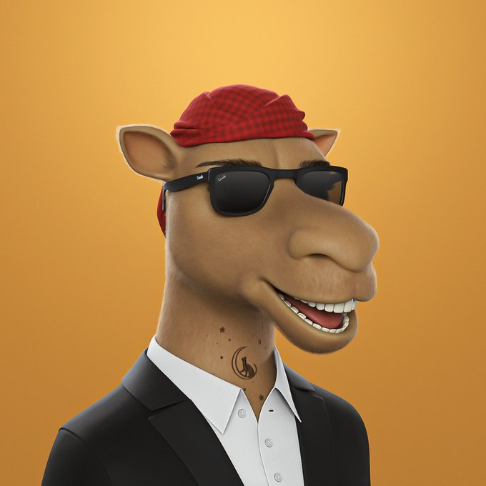 A 3D-rendered anthropomorphic camel character wearing black Ray-Ban sunglasses, a red checkered bandana, and a black suit jacket over a white shirt, against an orange background.