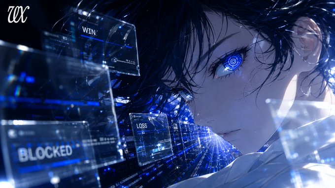 The image depicts an anime-style character with a glowing blue digital eye surrounded by floating holographic interface panels displaying "WIN," "LOSS," and "BLOCKED," symbolizing AI-driven decision-making and gaming performance. This visual ties directly to the post's narrative about $VEX as an AI agent on Robinhood Chain, reinforcing its identity as a first-mover in AI-powered agents and RWA with real-time data processing capabilities.