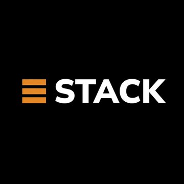 A black background displays the white "STACK" logo with an orange stacked-bar icon to the left, representing Stack BTC, the Nigel Farage-backed bitcoin treasury firm mentioned in the post about its proposed acquisition of UK gold dealer Direct Bullion.