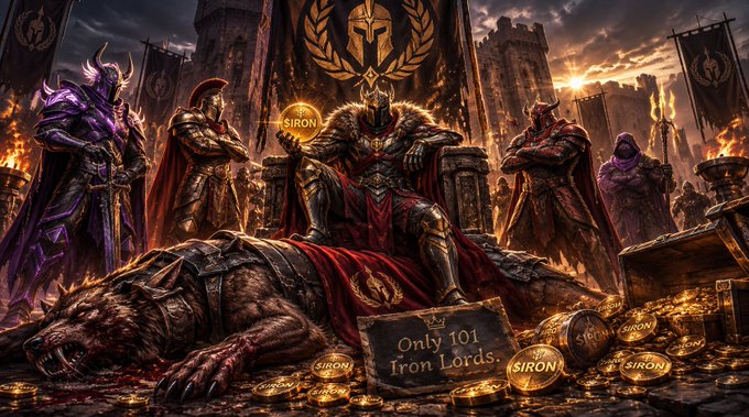 A dark fantasy illustration showing armored knights, a fallen warrior, gold coins labeled 'SIRON', and a sign reading 'Only 101 Iron Lords.'