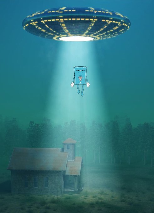 A UFO hovers above a foggy forest, beaming up a cartoon character with a blue rectangular head that has a melting form dangling below it, while a small wooden church sits below in the mist.