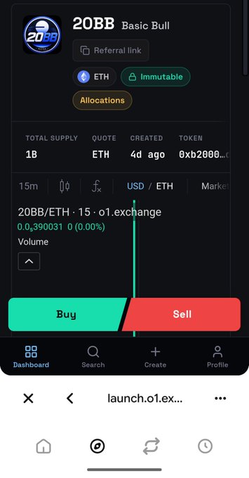 Screenshot of the O1 Exchange dashboard showing the newly launched 20BB/ETH token (ticker "0xb200...") with a 1B total supply, marked as immutable on ETH, displaying a price of 0.00039031 USD with prominent green Buy and red Sell buttons, confirming the post's announcement that 20BB (Basic Bull) is officially live for trading.