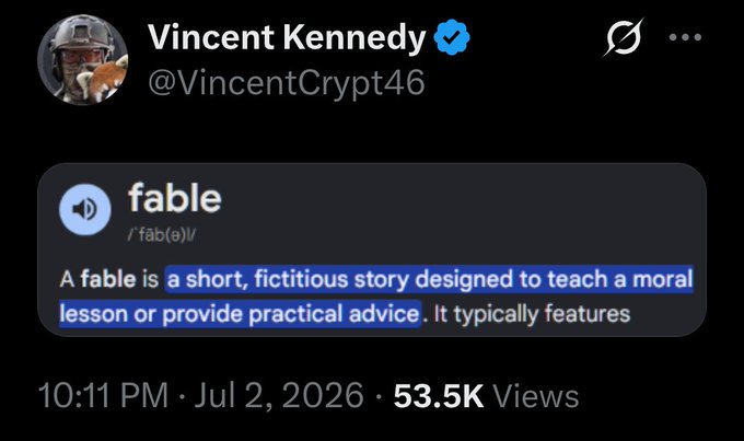 The image is a tweet from verified user Vincent Kennedy (@VincentCrypt46) posted on July 2, 2026, showing a dictionary definition of "fable" ("a short, fictitious story designed to teach a moral lesson or provide practical advice"), which ties into the post's warning not to sell XRP by likening those who claim the asset is worthless to fable-tellers, urging holders to preserve XRP as a long-term source of passive income.
