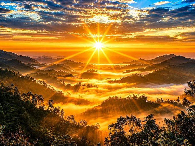 A breathtaking sunset view over a mist-covered mountainous landscape, with golden sunrays piercing through clouds above tree-lined hills.
