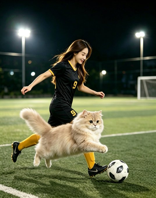 A female soccer player wearing jersey number 9 dribbles a ball alongside a fluffy cat on a floodlit field, symbolizing Binance's 9th anniversary and the growth of its global trading ecosystem. The "9" on her jersey and the playful soccer theme tie into the celebratory post referencing Stephen Chow's "Kung Fu Soccer" film.