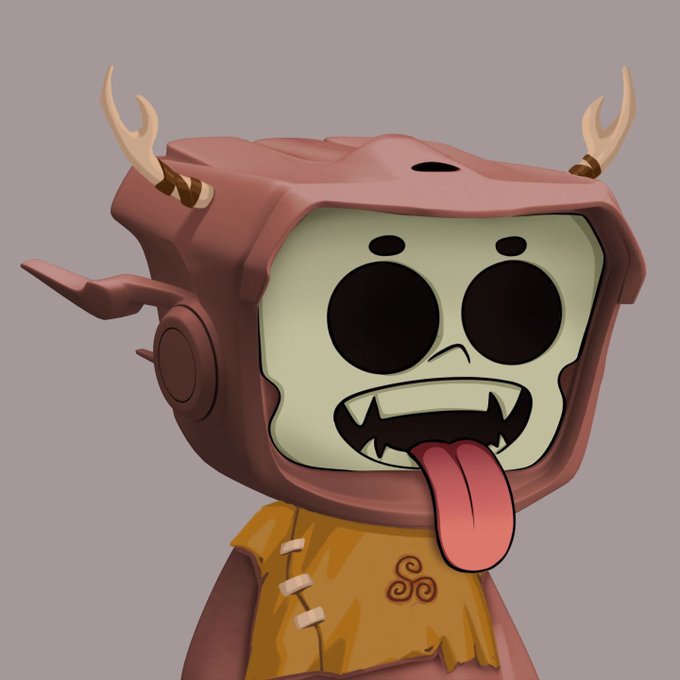 A 3D-rendered cartoon character with a TV-shaped red hood featuring antlers and a skull-like face with a protruding tongue, wearing an orange shirt with a triskelion symbol, fits the playful NFT community "GM" (good morning) and "TGIF" mood as a quirky mascot celebrating the crypto/NFT culture.