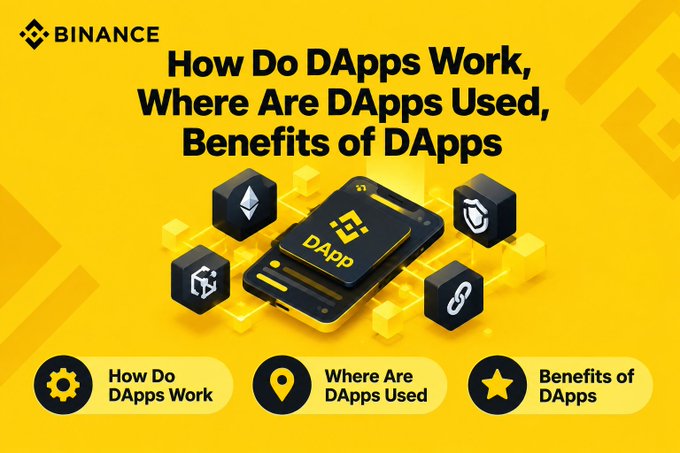 Binance educational graphic with the title 'How Do DApps Work, Where Are DApps Used, Benefits of DApps' featuring a central phone icon surrounded by cryptocurrency symbols.