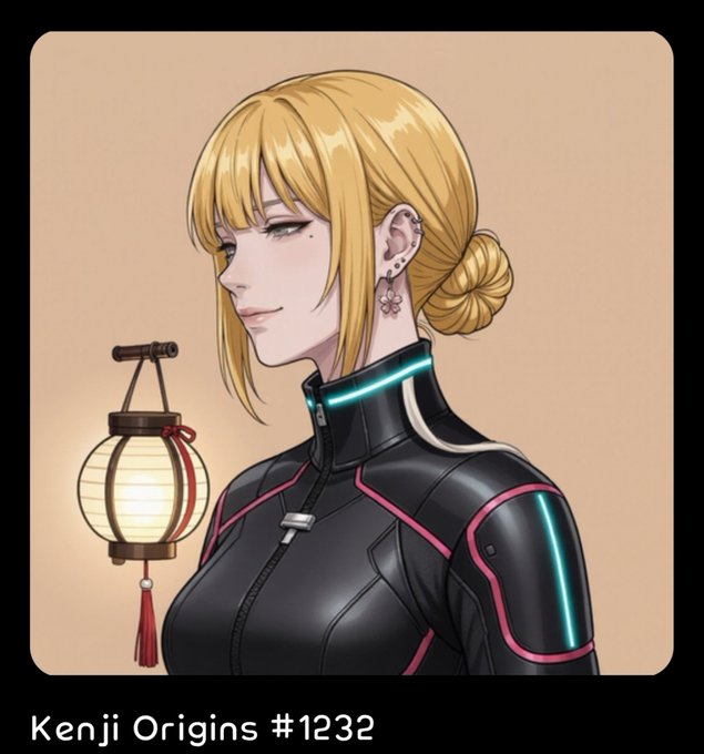 An anime character with blonde hair in a low bun wears a futuristic black suit with pink and cyan accents, with a traditional Japanese paper lantern nearby; text below reads 'Kenji Origins #1232'.