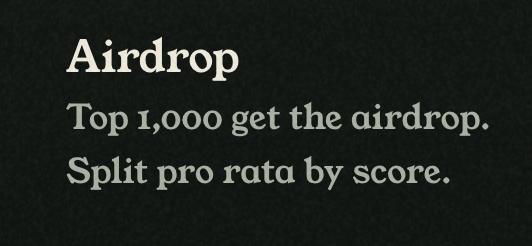 The image displays text on a black background announcing an "Airdrop" with the details "Top 1,000 get the airdrop. Split pro rata by score." This directly addresses the accompanying post's speculation about how vouches might be rewarded, suggesting one possible funding mechanism where the top performers share an airdrop based on their scores.