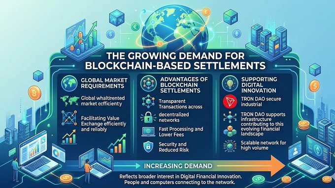 In the image, there's a blue poster featuring various icons related to blockchain-based settlements and their advantages over traditional market systems. The poster emphasizes the increasing demand for blockchain-based settlements due to their efficiency, transparency, and decentralized nature. These settlements offer a transparent and secure alternative to centralized systems in financial transactions, which could benefit global markets as they facilitate faster, more reliable exchange of value across networks without relying on central authorities or intermediaries.