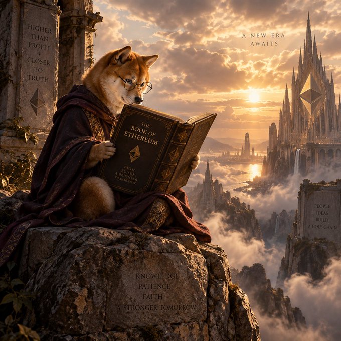 A Shiba Inu scholar in robes and glasses reads "The Book of Etherum" on a cliffside, with inscriptions like "Higher than profit, closer to truth" and "Knowledge, patience, faith, a stronger tomorrow," echoing HolyLabs' post about building toward a new era and higher standards for the $BOOE and $ETH ecosystems.