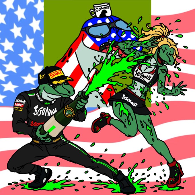 A Pepe-style race car driver wearing a "$GONNA" suit and "1st SKRRT" cap sprays champagne on a running female figure covered in green, with an American flag backdrop and a mug labeled "GONNA" displayed at the top, promoting the "GONNA GP Independence Drop 207."