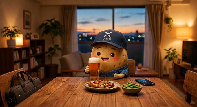 A cheerful potato mascot wearing an "XRP" cap sits at a dinner table holding a beer, with a home-cooked meal and smartphone nearby, visually tying the post's celebration of the XRP community's resilience and its hopes for Ripple's continued growth.