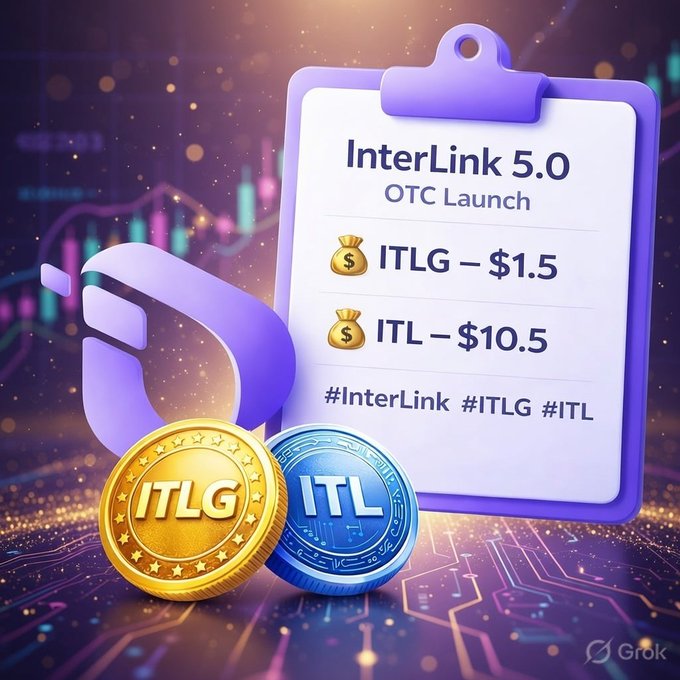 The image features a purple sign with white text that says "Interlink 5.0 OTC Launch", followed by three gold coins labeled "ITL" and "ITL" on them, as well as two blue coins labeled "ITL" and "ITL". The background of the image is a dark purple color with a pattern resembling a circuit board or computer screen.