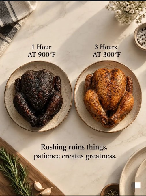 Two cooked chickens are compared on plates: one burnt and black after 1 hour at 900°F, the other perfectly golden after 3 hours at 300°F, with the caption 'Rushing ruins things. patience creates greatness.'