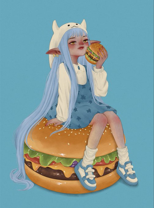 An anime-style illustration of a blue-haired elf character with horns wearing a white cat-eared hood, sitting on a giant hamburger and eating a smaller burger, against a solid blue background.