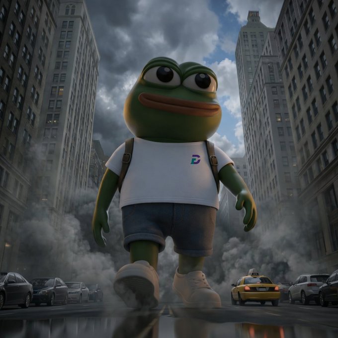 3D-rendered giant Pepe the Frog character wearing a white t-shirt with a 'D' logo and shorts, walking through a city street with cars.
