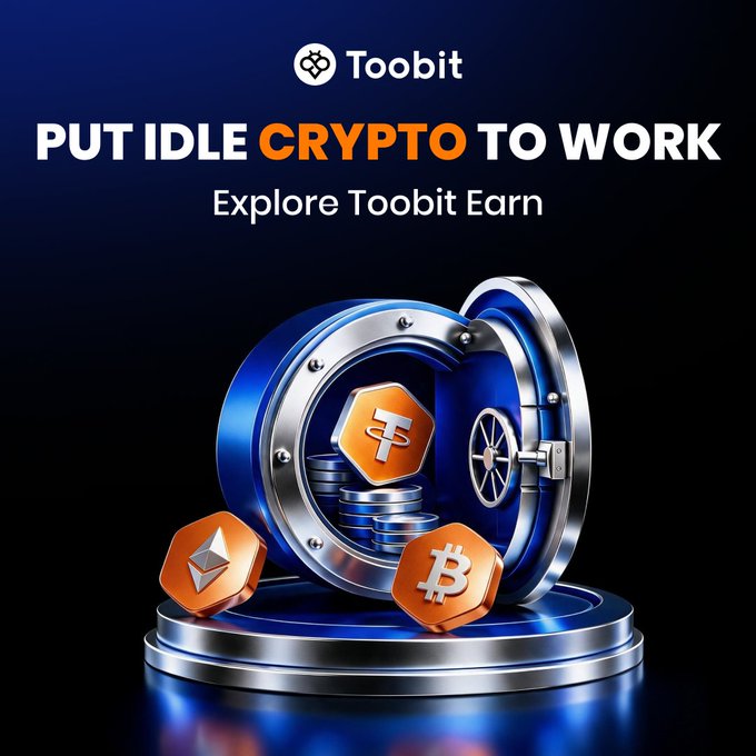 An advertisement for Toobit cryptocurrency exchange features a blue vault with crypto coins and text 'PUT IDLE CRYPTO TO WORK Explore Toobit Earn'.