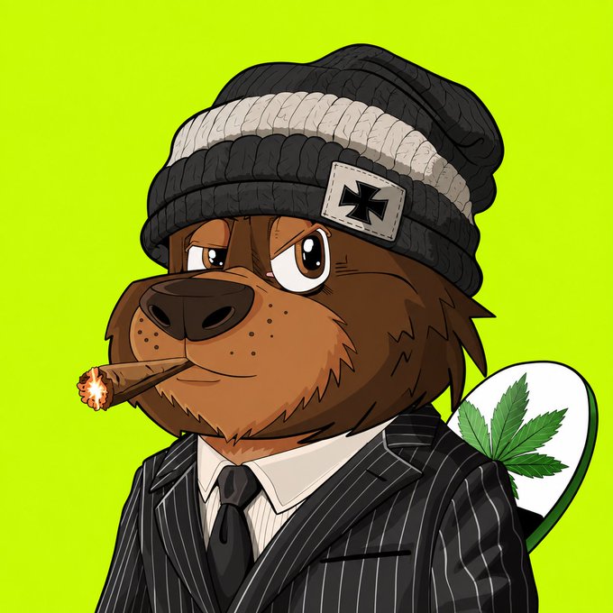 A cartoon character depicts a brown dog wearing a pinstripe suit, tie, and a striped beanie with an Iron Cross patch, smoking a lit cigar against a bright green background.