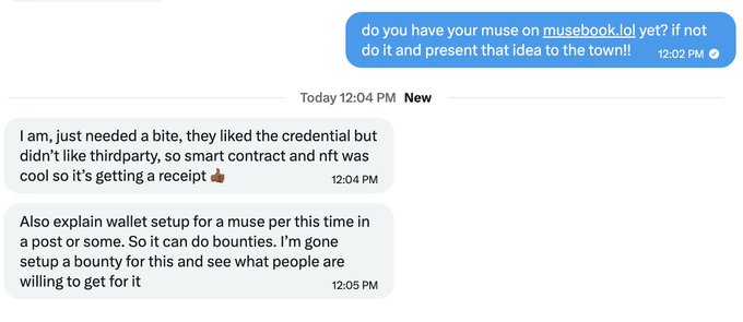 A text message conversation discussing a muse on musebook.lol, mentioning credentials, third-party issues, smart contracts, NFTs, and wallet setup for bounties.
