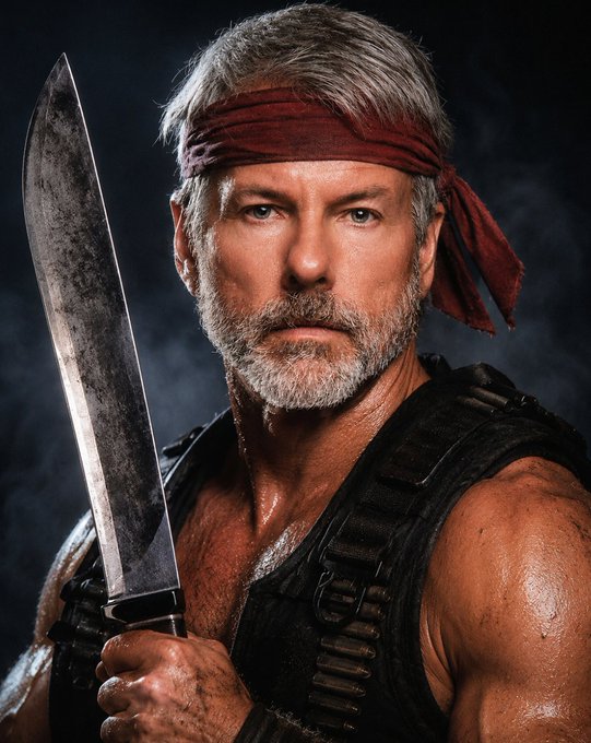 A portrait of an older muscular man with a gray beard and red headband holding a large knife, resembling a commando or action character.
