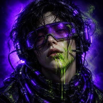 A stylized digital artwork of a person with dark wet hair wearing futuristic purple-tinted goggles and a high-tech suit, with glowing green liquid dripping from their mouth against a purple background.