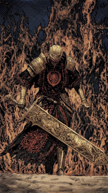 A dark fantasy illustration of an armored knight in ornate gold and black armor wielding a large decorative sword, standing against a backdrop of stylized flames.