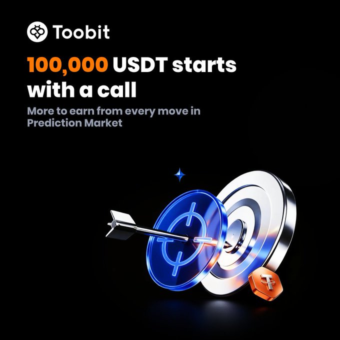 A Toobit promotional advertisement with the text "100,000 USDT starts with a call" and "More to earn from every move in Prediction Market," featuring 3D graphics of a blue coin with a dollar symbol being struck by an arrow next to a target.