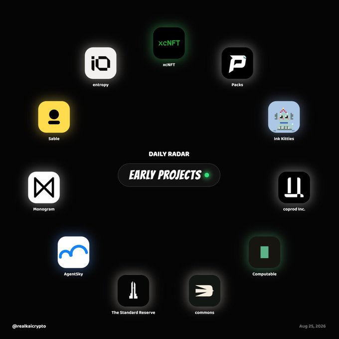 A 'Daily Radar: Early Projects' infographic by @realkaicrypto dated Aug 25, 2026, displaying app icons for crypto/Web3 projects arranged in a circle, including xcNFT, Packs, entropy, Sable, Ink Kitties, Monogram, coprod Inc., AgentSky, Computable, The Standard Reserve, and commons.