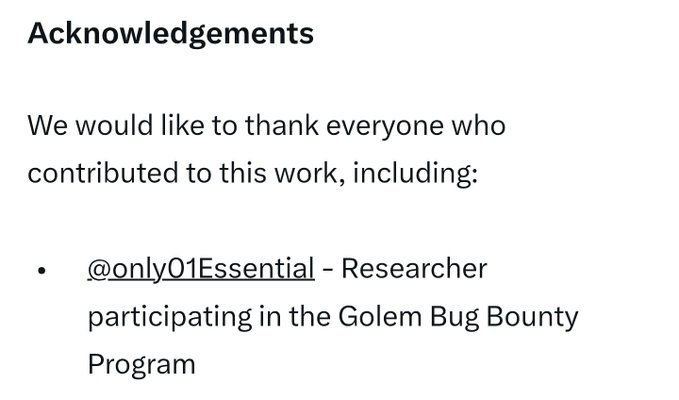 An acknowledgements section thanking @only01Essential as a Researcher participating in the Golem Bug Bounty Program.