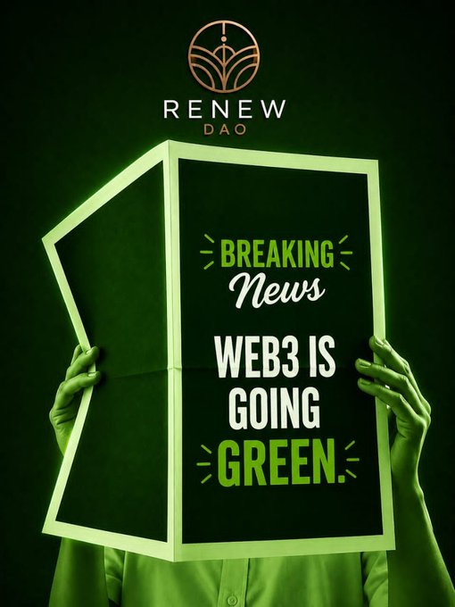 Promotional graphic featuring hands holding an open box with text "BREAKING NEWS WEB3 IS GOING GREEN" branded with "RENEW DAO" logo at the top.