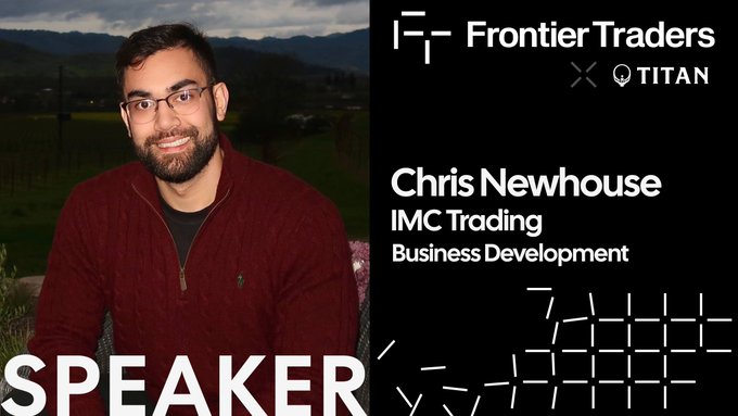 A speaker announcement graphic for Frontier Traders featuring Chris Newhouse from IMC Trading Business Development.